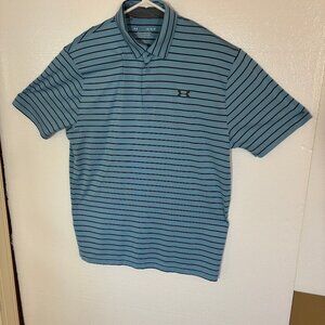 Under Armour Blue and Black Striped Golf Polo Shirt Large